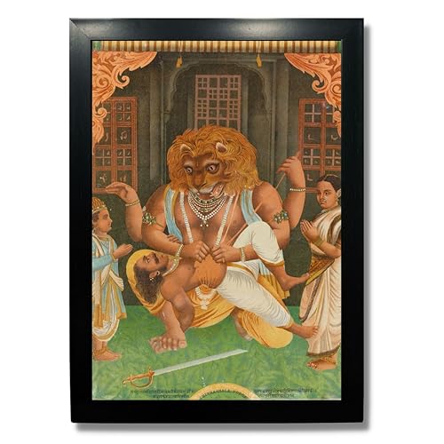 Image of Kagaz Kala - Vintage Art Prints - Hindu God Photos with Frames For Pooja Room Bedroom Living Room Decor Gifts Framed (Narasimha)