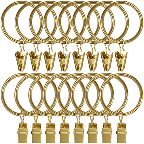 AMZSEVEN 40PCS Metal Curtain Rings with Clips, Drapery Clips Hooks, Decorative Curtain Rod Clips Hangers 1.5 Inch Interior Diameter Eyelets, Rustproof Durable Plating Gold Color