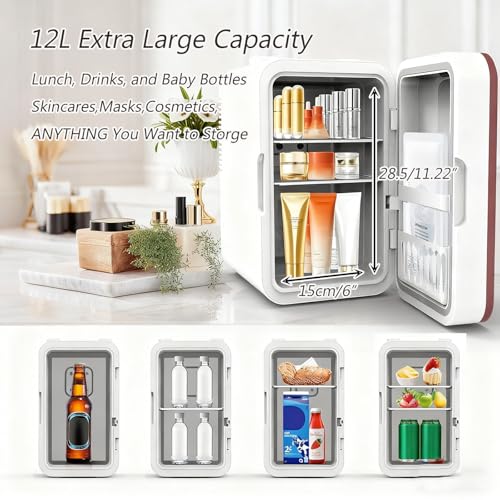 Image of 12L Mini Fridge with LED Digital Display, A Powerful Makeup Refrigerator and Cosmetic Fridge for 110V AC /12V DC Use, Small Refrigerator for Bedroom, Dorm, Car, Office