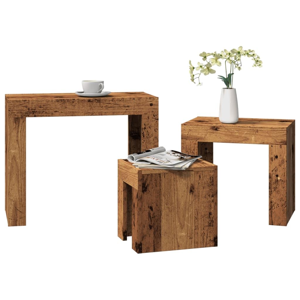 vidaXL Mesas de Centro apilables 3 uds Madera de ingeniería Envejecida, Mesa apilable, Mesa Auxiliar apilable, Juego de mesas apilables, Mesa anidada