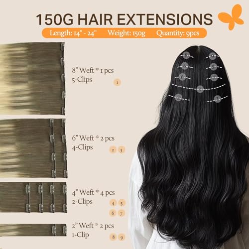 Image of DOORES Human Hair Extensions Clip in, Ash Brown to Platinum Blonde 150g 9pcs 14 Inch, Remy Straight Thick Natural Hair