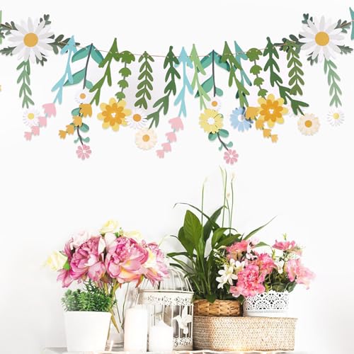 Image of Daisy Flower Banner Wildflower Party Decorations Leaves Banner Paper Flower Garland Daisy Groovy for Wall Decoration Spring Baby Shower Wedding Backdrop Decorations
