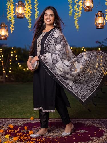Image of INDO ERA Women's Silk Blend Embroidered Sequinned Kurta & Pant with Dupatta Set