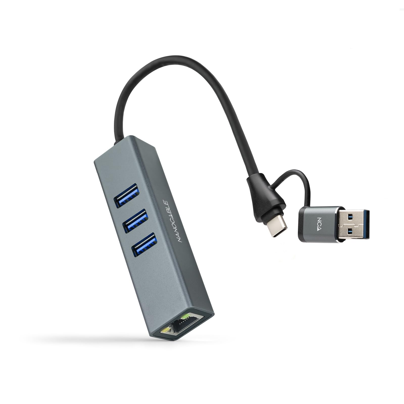NANOCABLE 10.03.0412 – USB-C + USB-A/M 3.0 to Ethernet + 3xUSB-A 3.0 Converter, Aluminium, Grey, 15 cm