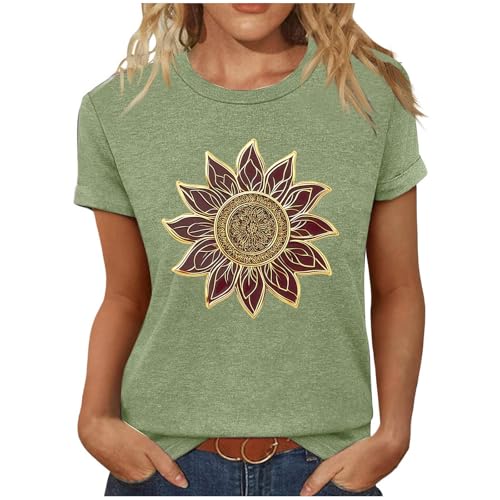 Camiseta Mujer Manga Corta Verano Estampado Floral Cuello Redondo Moda Suelto Casual Túnica Tops Algodón Fiesta Tshirt Camisa Elegante Cómodo Original Basic tee 2025