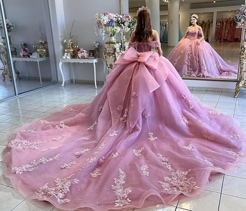 WDBFY Princess Lace Quinceanera Dresses with Bow Puffy Tulle Sweet 15 16 Dresses Off Shoudler 3D Floral Beaded Ball Gowns2
