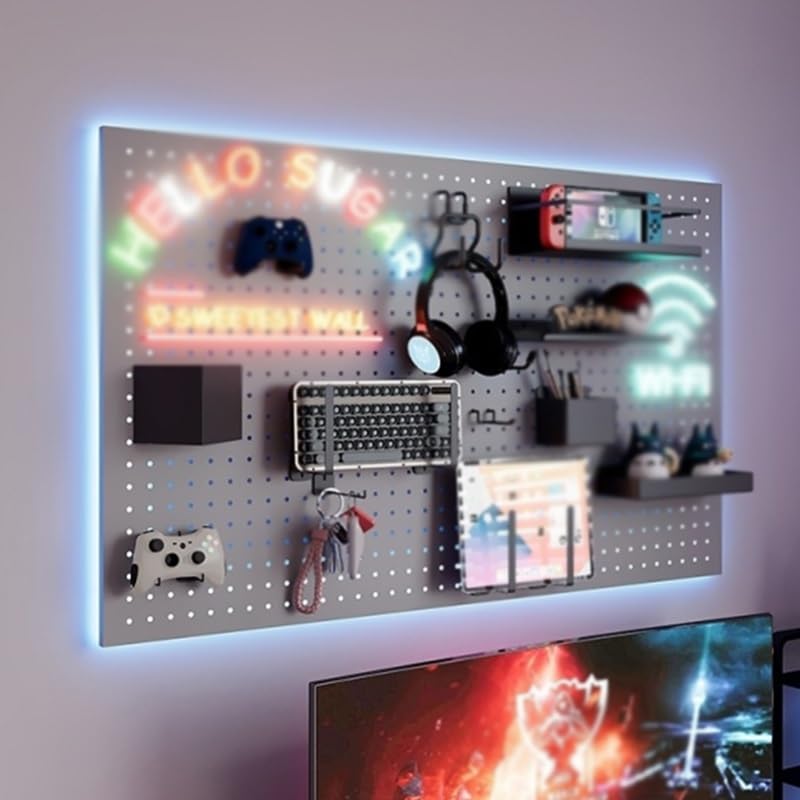 Wytrzymałe metalowe panele ze światłami LED, montowany na ścianie, organizer do pokoju gier i warsztatu, 60 x 50 cm, biała tablica na narzędzia i akcesoria
