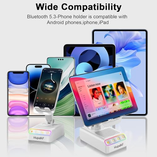 Image of Adjustable Cell Phone Stand with Wireless Induction Bluetooth Speaker, HD Surround Sound & RGB Rhythm Lights, Foldable Portable Stand for Desk, Kitchen Counter, Home Office, Gift for Men Women Dad Mom
