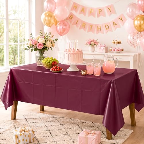 Image of WNINK 2 Pack Burgundy Disposable Plastic Tablecloths, Waterproof Rectangle Table Covers 54 x 108 Inch, Party Tablecloth for Birthday Party, Baby Shower, Wedding, Holiday and Event Decorations