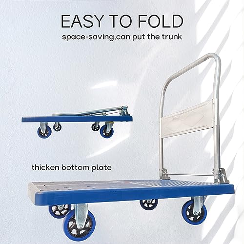 Doppy Flatbed Cart - 660lbs Capacity, Foldable Hand Truck with 360° Swivel Wheels for Warehouse Use (Blue)