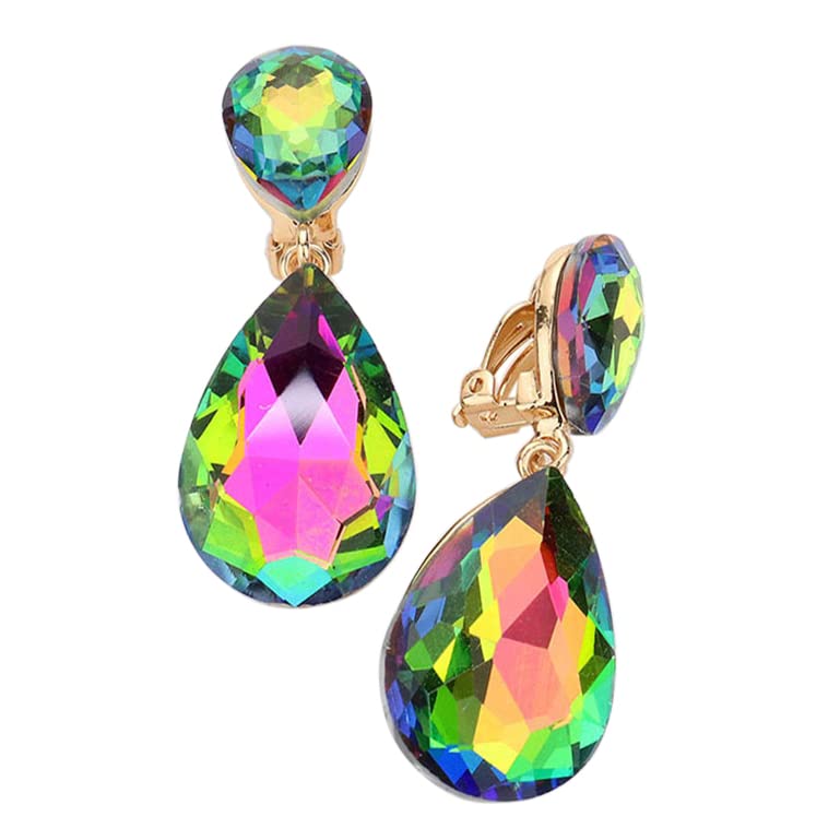 Women's Double Teardrop Statement Glass Crystal Rhinestone Dangle Clip On Bridal Earrings, 2"