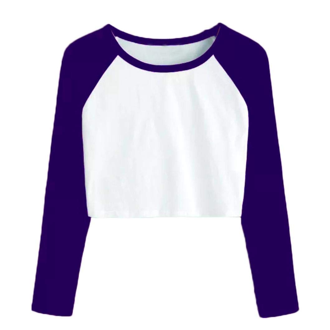 Women Raglan Sweatshirt Splicing Casual Long Sleeve O-Neck Crop Top Blouse Shirt