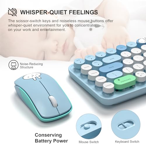 Image of FOPETT Wireless Keyboard and Mouse Cute Mouse and Keyboard 2.4G Wireless Keyboards with Colorful 68 Keys Typewriter Retro Round Keycap for PC, Laptop,Tablet,Computer Windows - Blue Colorful