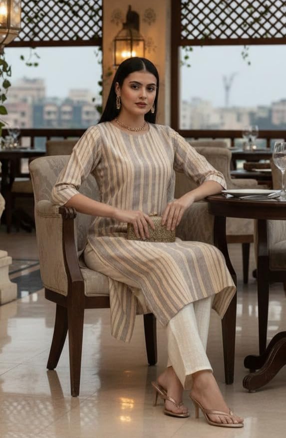 Image of Saanjh Women's Fit Straight Cotton Blend Long Kurta, 3 /4 Sleeve, Knee Length Kurtis, Casual and Office Wear
