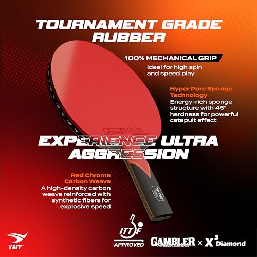 Image of Carbonix Ultra Professional Table Tennis Racquet | ITTF Approved Gambler X3D Rubber | 7 Layer Blade | Red Chroma Carbon| Hyper Pore Sponge | Ayous, Kiri & Koto Wood| Ultra Speed & Spin TT Racquet