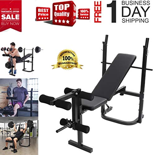 HUZONG Foldable Olympic Workout Weight Bench with Squat Barbell Rack, Adjustable Press Incline Bench, Preacher Pad, Leg Extension, Strength Training Weightlifting Fitness Equipment for Home/Office/Gym