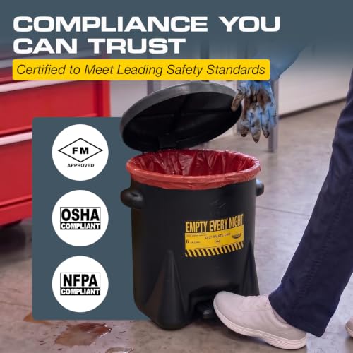 Image of Eagle Oily Waste Can, Self-Closing Lid, 6 Gallon, Made in the USA, Black | High-Density Polyethylene Construction, Leakproof Design, Hands-Free Operation, OSHA, FM, NFPA Compliant