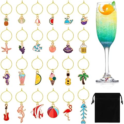 SANNIX 24pcs Wine Glass Charms, Wine Charms for Stem Glasses Wine Glass Identifier Charms Funny Wine Glass Tags for Summer Christmas Wine Tasting Party Decorations Cover