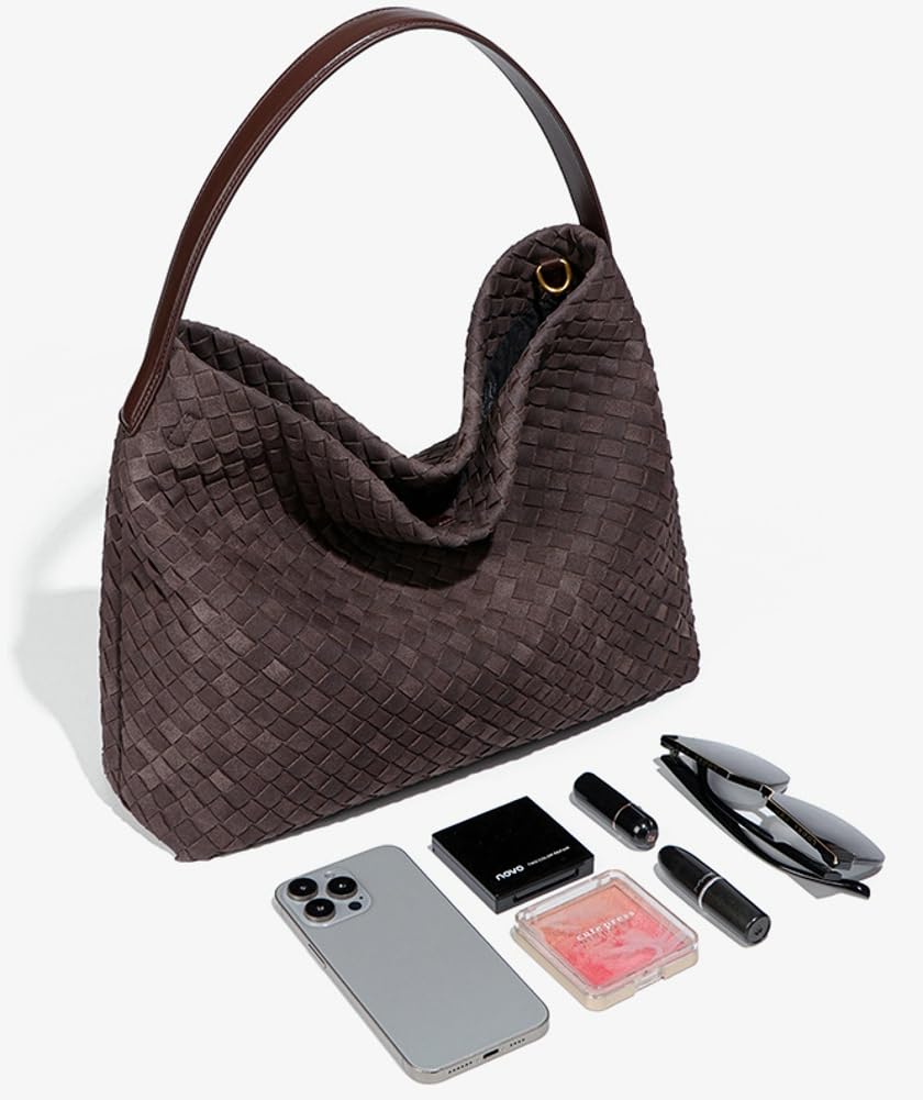 Woven Bags Women Slouchy Woven Suede Tote Bag Trendy Suede Hobo Purse Vintage Satchels Handbag for Work Travel (Khaki)