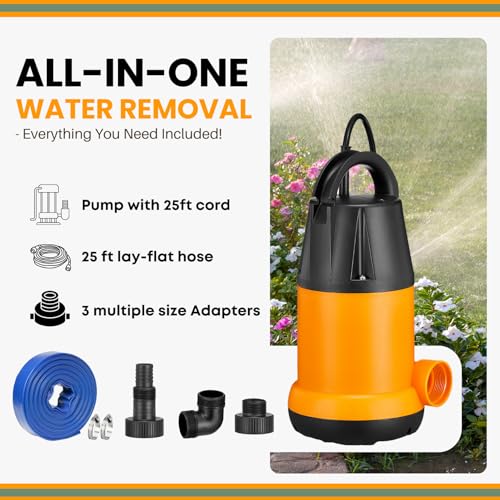 Image of Submersible Sump Pump, Water Pump With 25Ft. Water Hose, Portable Utility Pump, Water Transfer Pump with 25-Foot Cord, 4000 GPH, Ideal for Swimming Pool, Garden Pond, Basement
