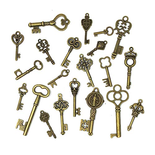 JIALEEY 125 Pcs Vintage Skeleton Key Set Charms, JIALEEY Mixed Antique Style Bronze Brass Key Set Charms For Pendant Diy Jewelry Making Wedding Party Favors