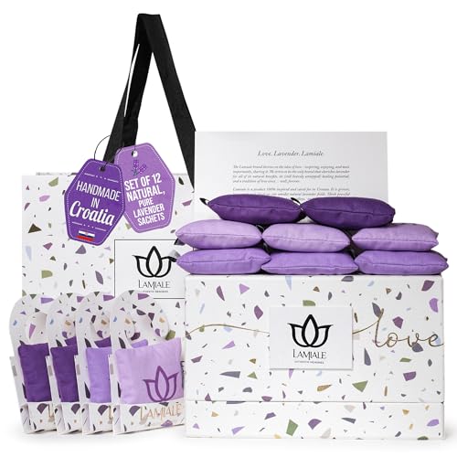 Lamiale Croatian Lavender Scented Sachets for Drawers and Closets – 12 Handmade Sachets, Natural Air Freshener, Moth Repellent, Thoughtful Gift for Her, Valentine's Day, Housewarming, Mother's Day