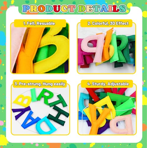 Image of Happy Birthday Banner Decorations - Pre-Strung 3D Felt HAPPY BIRTHDAY Sign for Party Decor | Rainbow Reusable Happy Birthday Garland, Ball, Pennant Flag (1-Rainbow)