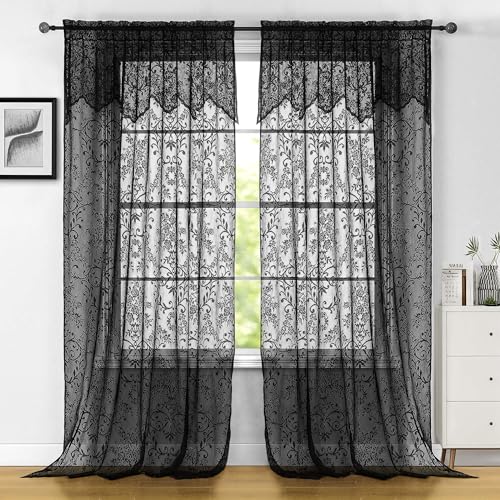 WUBODTI Gothic Black Lace Curtains with Attached Valance for Living Room Bedroom, Victorian Vintage Black Sheer Curtain Witchy Room Decor Goth Floral Embroidered Curtains, 60" W x 84" L