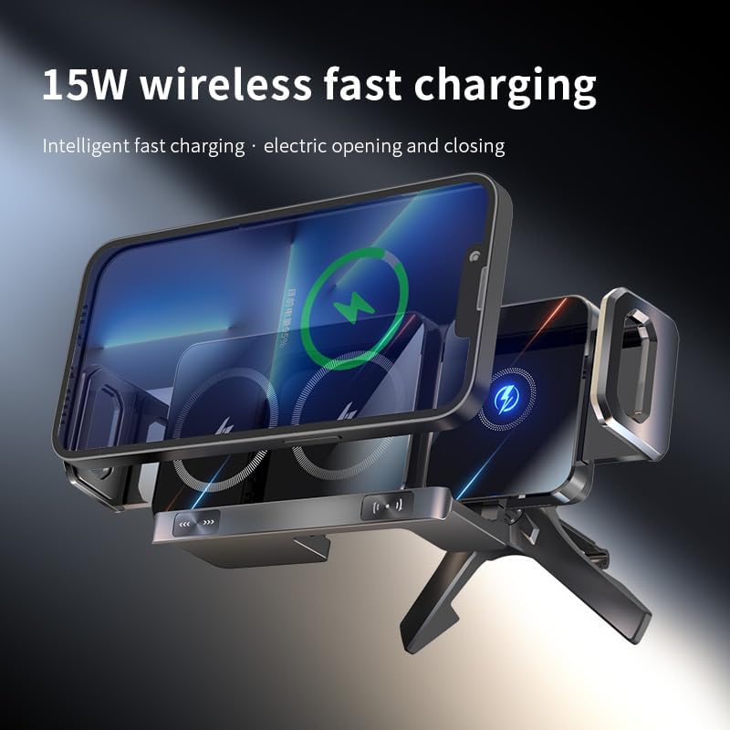 15W Wireless Car Charger,Fast Charging Holder Phone Mount Auto Clamping Car Accessories Compatible with iPhone an Huawei,Compatible for Foldable Dual Screen Mobile Phone
