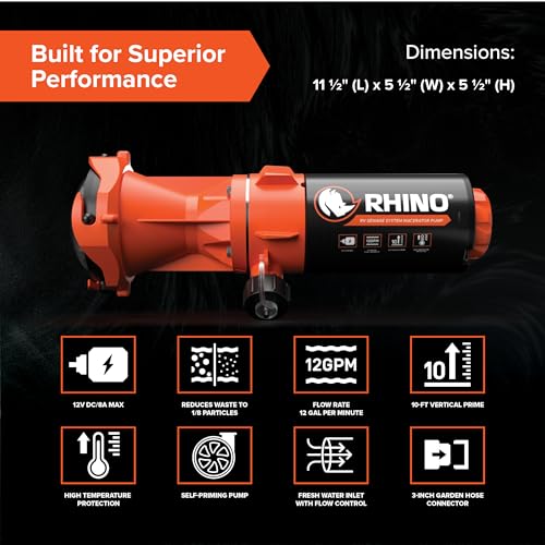 Image of Camco Rhino Camper /RV Sewage Macerator Pump Kit - Features Run Dry Protection and High Temp Protection - Compatible w /4 inch, 3.5 inch & 3 inch Sewer Outlets - Designed w /Self-Priming 12 Volt DC Motor (39040)