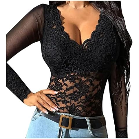 Women Shirt Sexy Lace Shirt See Through Casual Slim Fit Tops Embroidery Sheer Mesh Lace Long Sleeve Top Deep V Neck Temperament Trim Plunging Neck Lace Exotic Lingerie for Women for Sexy (c-Black, M) Cover