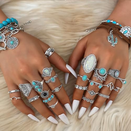 IFKM Bohemian Jewelry Set With Turquoise Necklace, Dangle Earrings, Stackable Bangle Bracelets, Knuckle Rings For Women Vintage Western Boho Turquoise Anniversary Birthday Friendship Gift3