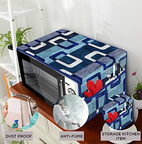 Image of Polyester 3-Layered Microwave Oven Top Cover With 4 Utility Pockets Suitable for Upto 30 Liter (Color- Blue, Size-36x14 Inches)