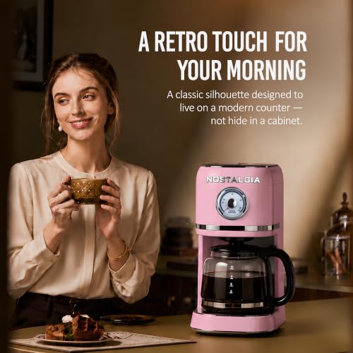 Image of Nostalgia Classic Retro 10 Cup Coffee Maker - One-Touch Drip Brew, Reusable Filter - Anti-Drip, Auto Shutoff, & Time Display - Dishwasher Safe 50 oz Carafe - Pink