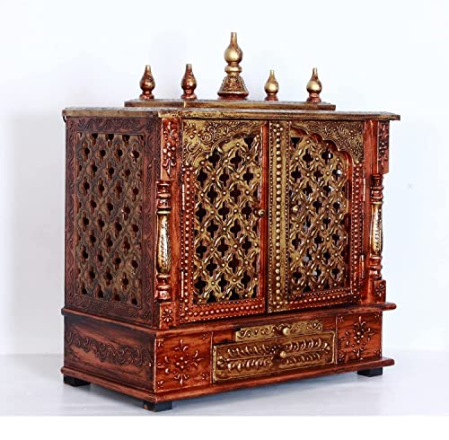 UNIVERSAL ART Mango Wooden Temple, Mandir,Pooja Ghar/Mandapam with Door & Drawer for Home and Office | Handcrafted Rajasthani Wall Mounted Engineered Ethnic Pooja Stand Mandir (Brown, 30×50×60 CM)