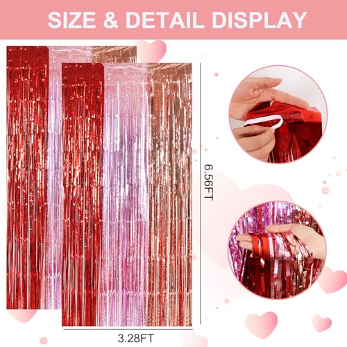 Image of TONIFUL Valentine's Day Door Streamers,Red Pink and Rose Gold Photo Booth Backdrop Metallic Streamers Foil Fringe Curtain for Birthday Valentine's Day Bridal Shower Engagement Party Decoration