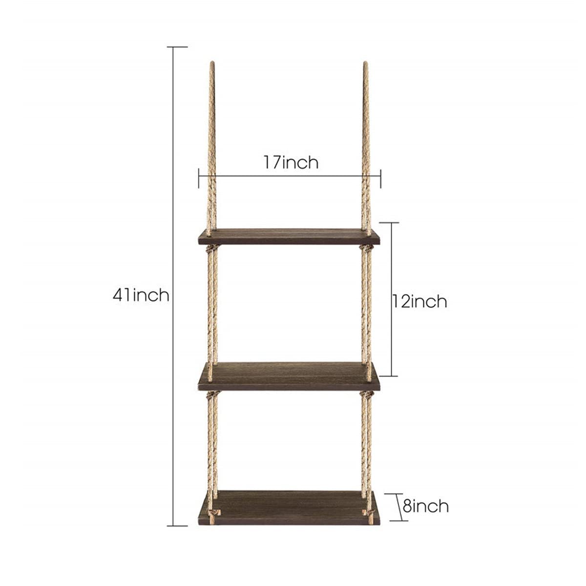 Rustykalne półki wiszące z drewna w trudnej sytuacji z liną huśtawkową, zestaw 3, półki do dekoracji ścian Boho, wiszące półki do przechowywania 42 cm do wyświetlania roślin do łazienki, sypialni, s