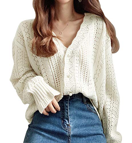 （イノ）Yino レデイース カーディガン 透かし編み ニット リブ アウター Vネック 長袖 トップス セーター 秋 ゆったり おしゃれ 可愛い 着痩せ お出掛け デート カジュアル 通勤 通学