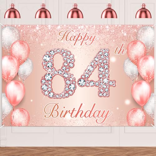 Image of Happy 84th Birthday Rose Gold Banner Cheers to 84 Years Old Backdrop Confetti Balloons Theme Decor for Women 84 Years Old Pink Birthday Party Decorations Bday Supplies Background Favors Gift Glitter