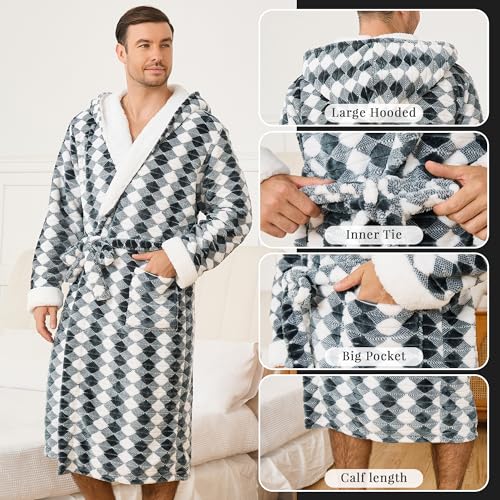 U2SKIIN Mens Plush Fleece Hooded Robe, Soft Warm Long Bathrobe with Sherpa Trim on Hood and Cuffs, Cozy Spa Robe with Pockets3