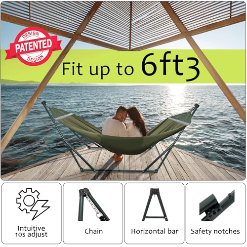 Image of Tranquillo Sturdy Steel Hammock with Stand Premium Cotton Canvas Hammock, 600 lbs Capacity Hammock Stand Folding, Portable 30-Second Fold Unfold Hammock for Camping, Sage