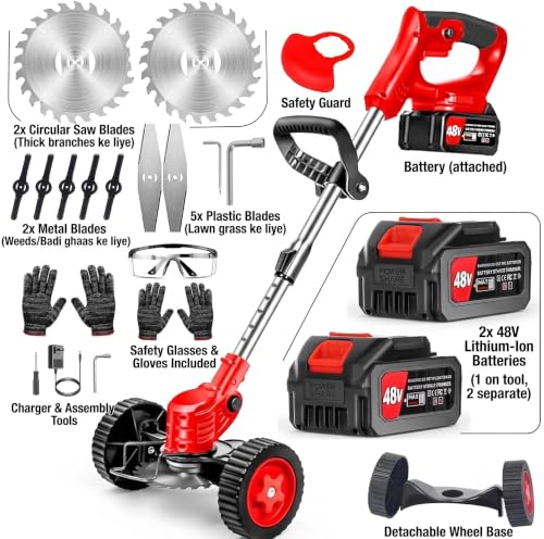 Image of 𝗞𝗢𝗦𝗠𝗘𝗥 48V Cordless Grass Trimmer with Wheels, Electric Brush Cutter, Adjustable 90 Head, 2 Rechargeable Batteries, Telescopic Handle, Multi-Blade Lawn Edger & Weed Cutter for Garden