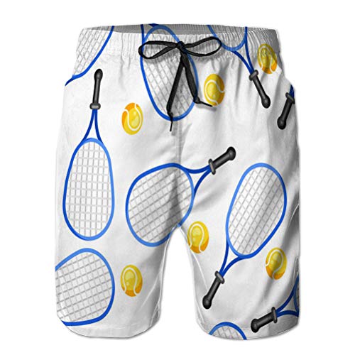 Pantalones Cortos Informales de Verano Estampados para Hombre Troncos de natación sin Costuras con Raquetas de Tenis y Pelotas adentro
