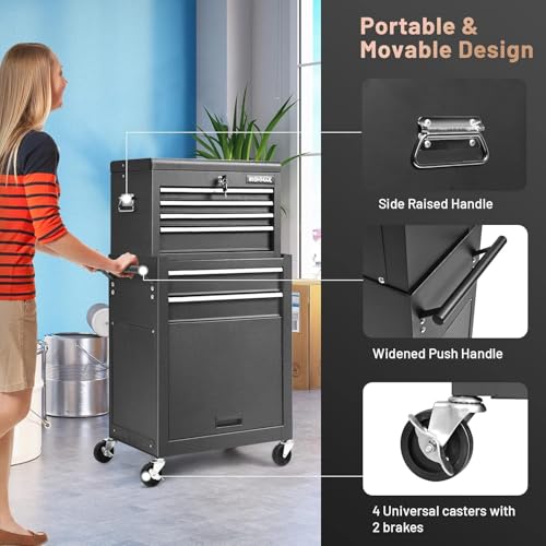Image of Goplus 6 Drawers Tool Chest, 2-in-1 Rolling Tool Box with Universal Lockable Wheels, Protective Liner, Detachable, Auto Lock, Metal Tool Storage Cart, Heavy Duty Tool Cabinet for Garage Shop
