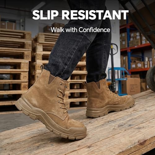 Image of Furuian Genuine Suede Work Boots for Men Women Lightweight Comfortable Steel Toe Boots Pull on Slip Resistant Puncture Proof Breathable Safety Construction Shoes for men