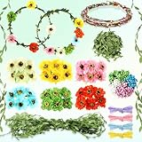 Zeyune 20 Sets Flower Crowns Making Kit, Make Your Own Flower Crown Wreath Garland Headbands Craft Kit Handmade DIY Fairy Floral Hair Accessories Gift for Girls/Teens/Women(Poppy)