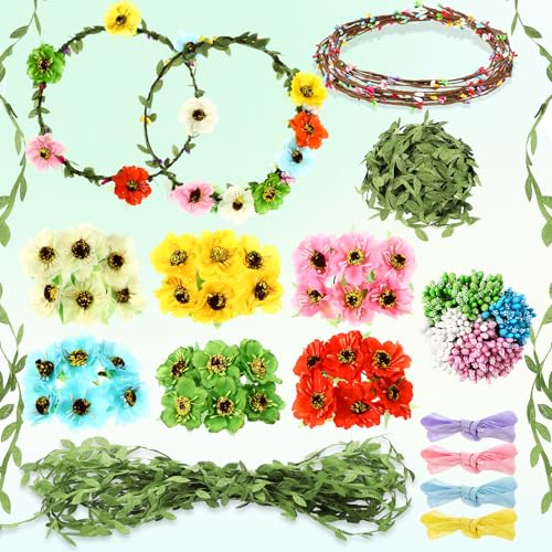 Zeyune 20 Sets Summer Tea Party Favor Flower Crowns Making Kit Make Your Own Flower Crown Wreath Garland Headbands Craft Kit Handmade DIY Fairy Floral Hair Accessories Gift for Women(Poppy)