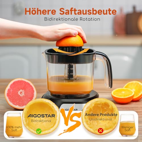 Foto von Aigostar Zitronenpresse Elektrisch, 1,2L Großes Volumen, Saftpresse Elektrisch mit LED-Arbeitslampe und 2 abnehmbaren Kegeln, 40 W, Zitruspresse 2 Drehrichtungen, Edelstahlsockel, Juicy