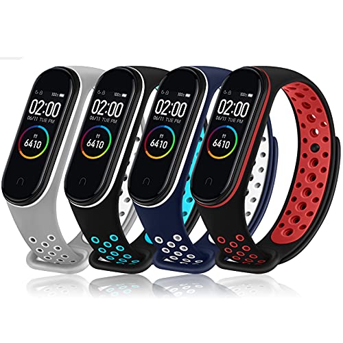 4 Pack Bands for Xiaomi Mi Band 4 & Mi Band 3 Strap, Soft Silicone Air-Hole Replacement Wristbands for Xiaomi Mi Band 4 & Mi Band 3 Fitness Tracker (Black Red+Blue White+Black Blue+Gray White)