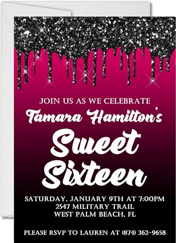 Hot Pink and Black Sweet 16 Birthday Party Invitations With